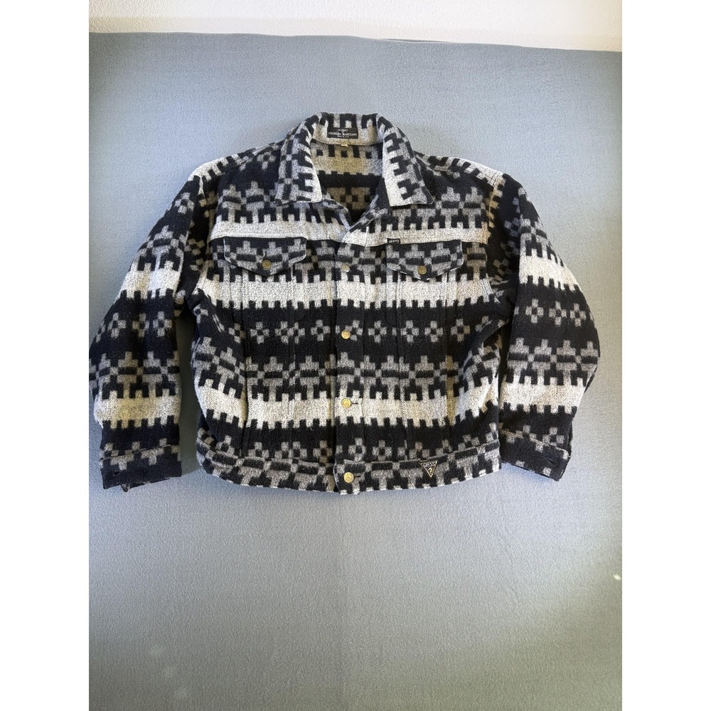 Vintage Guess By Georges Marciano Jacket Mens L Black Wool‎ Bomber Aztec USA 80s